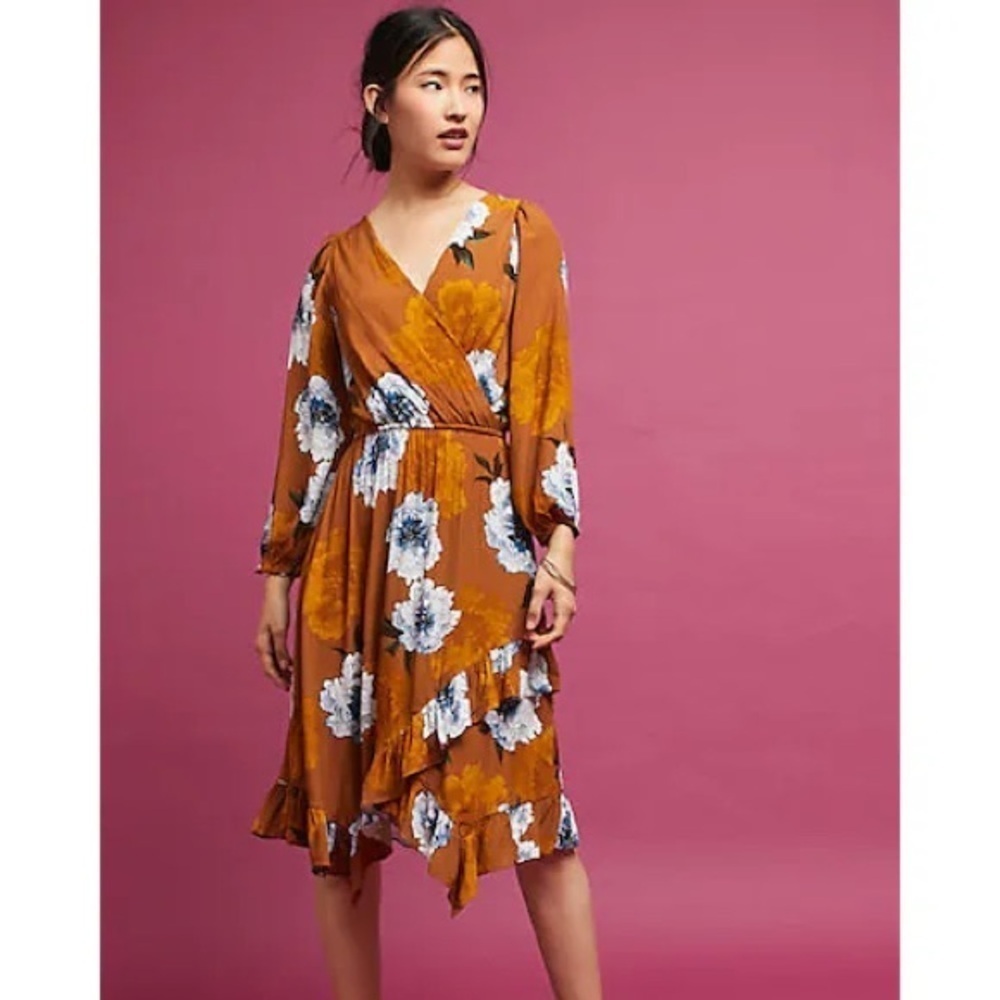 Anthropologie NWT Plenty by Tracy Reese Aleah Floral Ruffle Orange Midi Dress